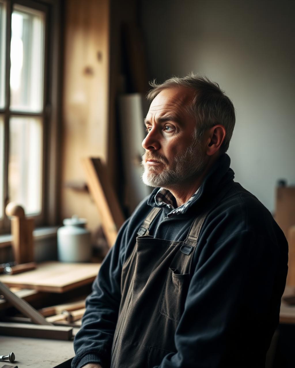 portrait of a Scandinavian carpenter in a workshop, restrained editorial photography