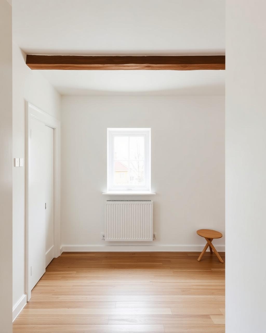 interior of a renovated Danish property with restrained materials, oak and lime-washed walls