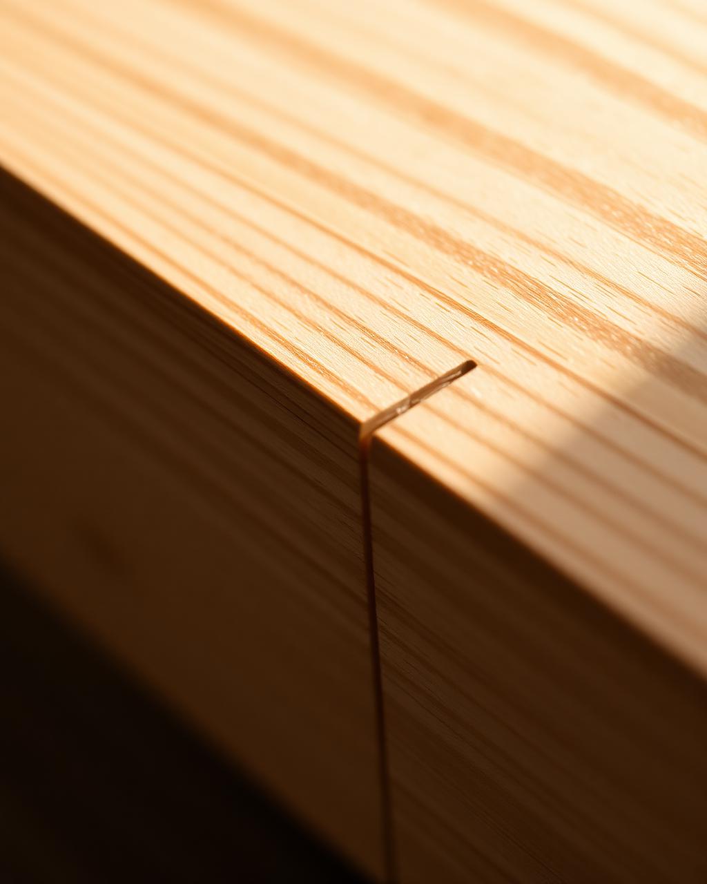 detail close-up of perfectly fitted oak joinery, light grazing across the surface