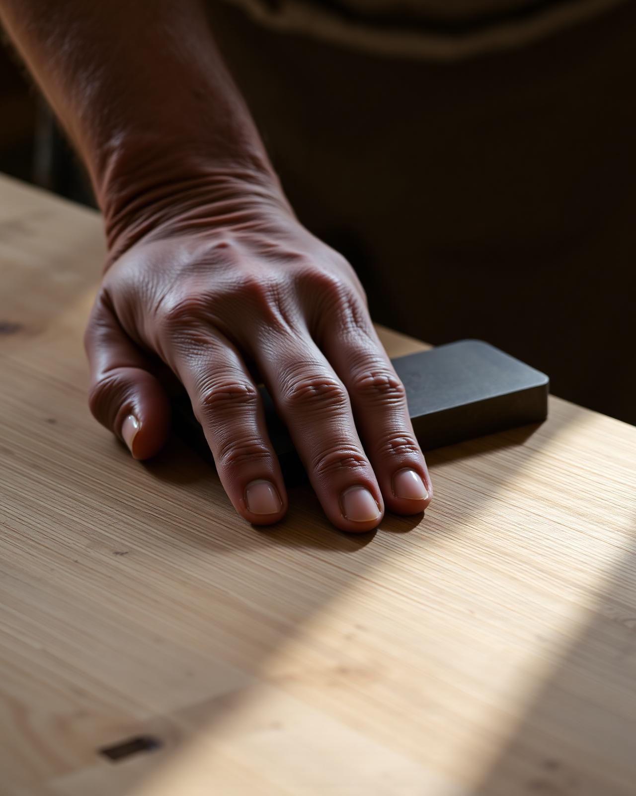 close detail of hand on wood joinery, light grazing across oak surface, editorial portrait