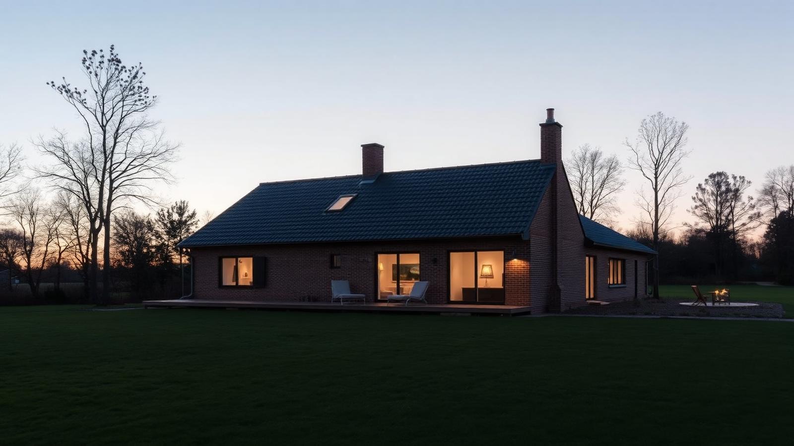 wide editorial shot of a renovated Danish villa with surrounding landscape, low warm light
