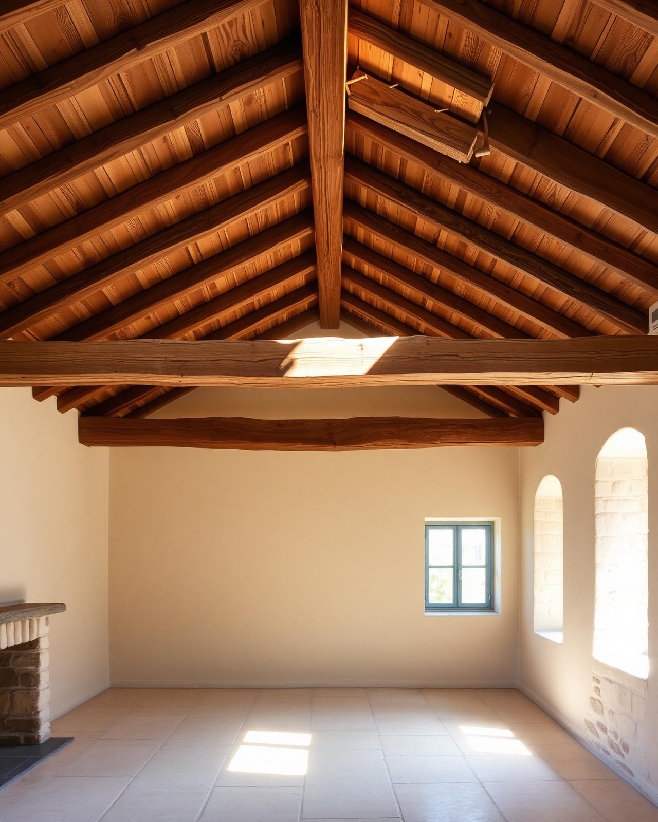 interior wooden roof structure exposed beams in a Mallorcan stone house, light coming through, editorial photo