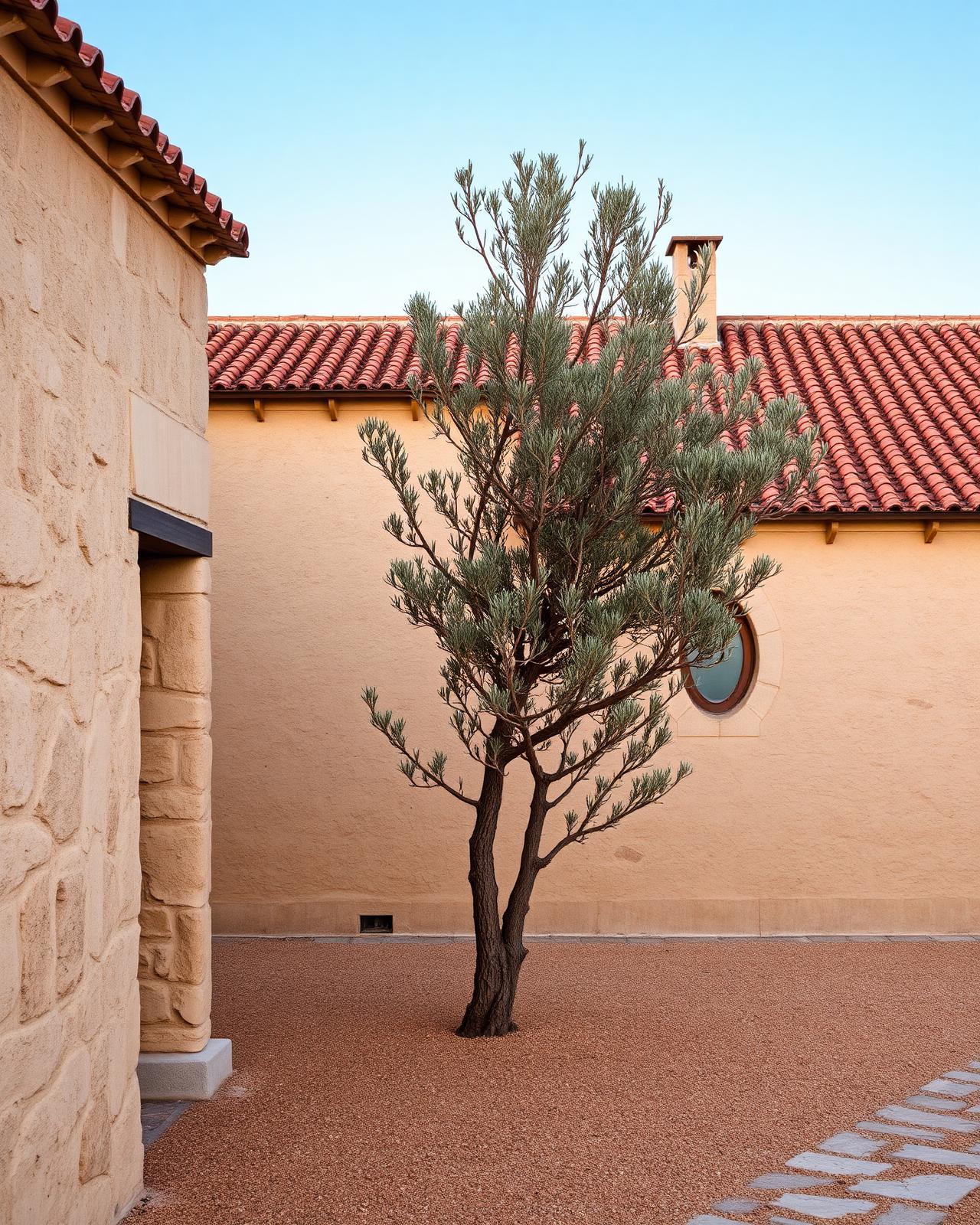 Mallorcan finca exterior at warm low light, stone walls, olive tree in foreground, editorial architectural photography
