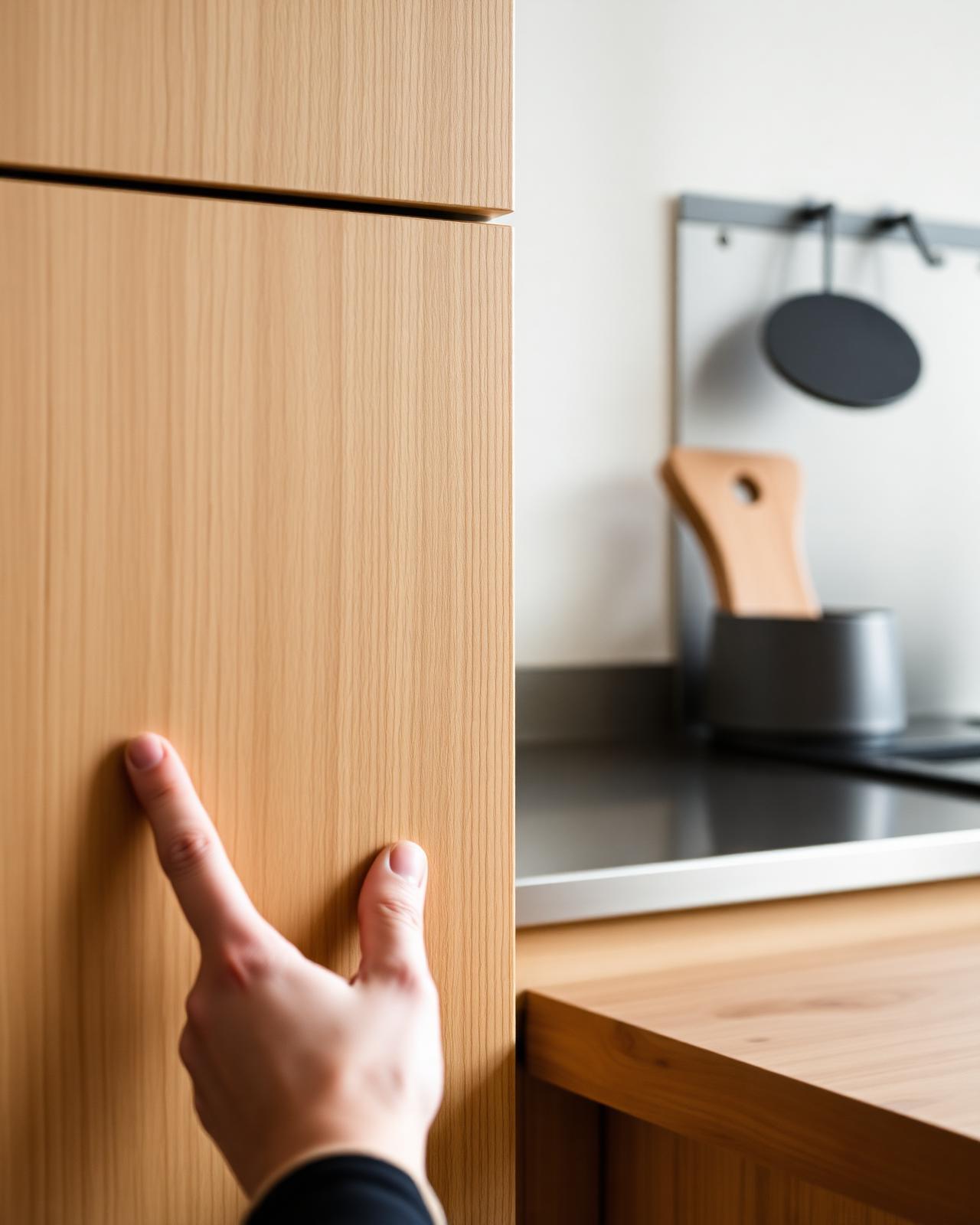 close detail of bespoke solid oak kitchen joinery, hand on wood grain, soap-finished oak, soft natural side light