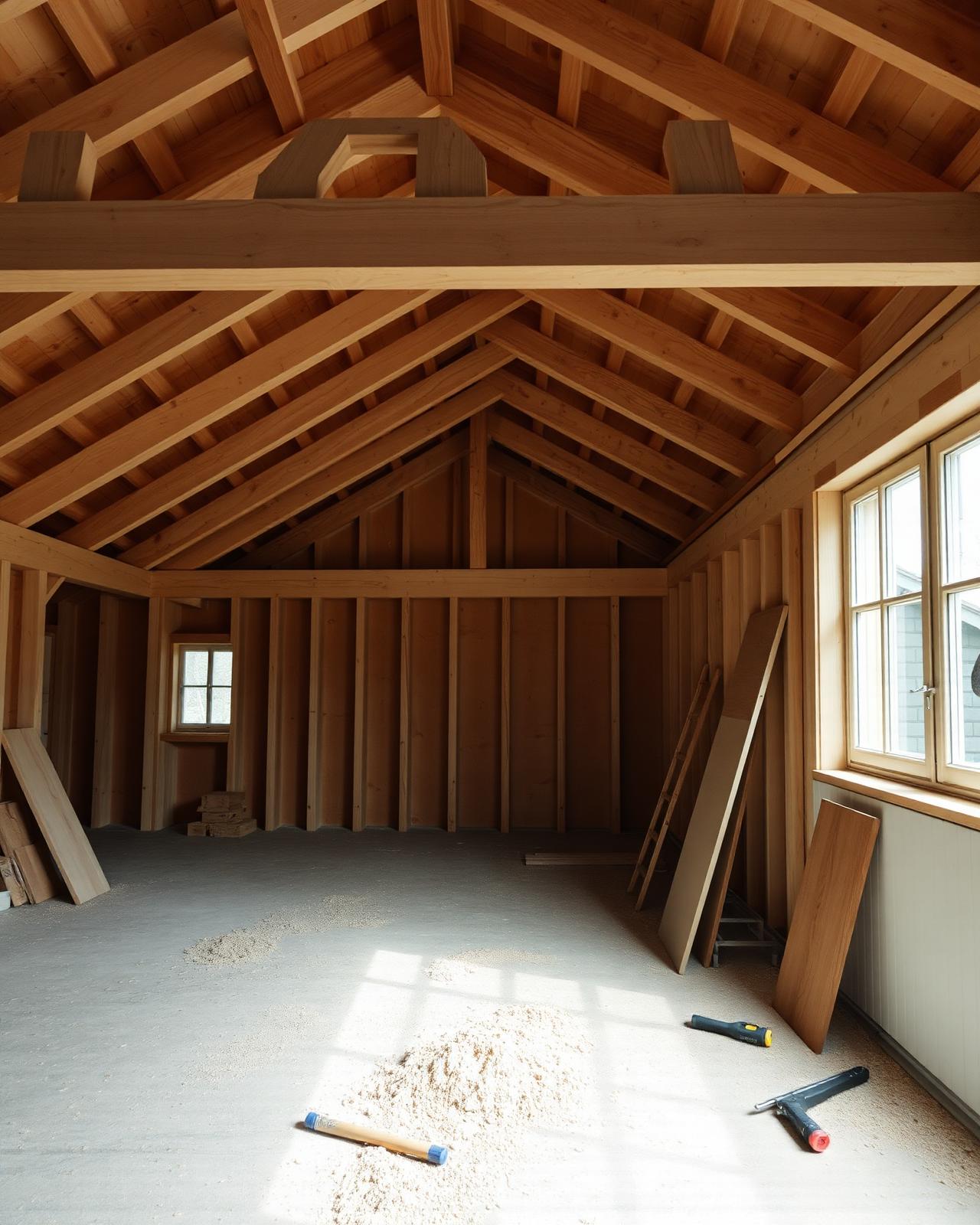 wooden roof structure under construction, sawdust, tools, in-progress moment, editorial documentary photography