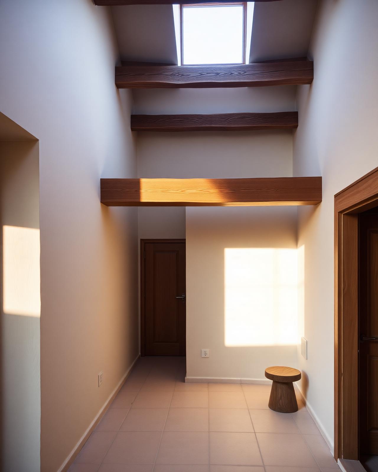 Mallorcan finca interior with lime-washed walls and oak details, warm afternoon light