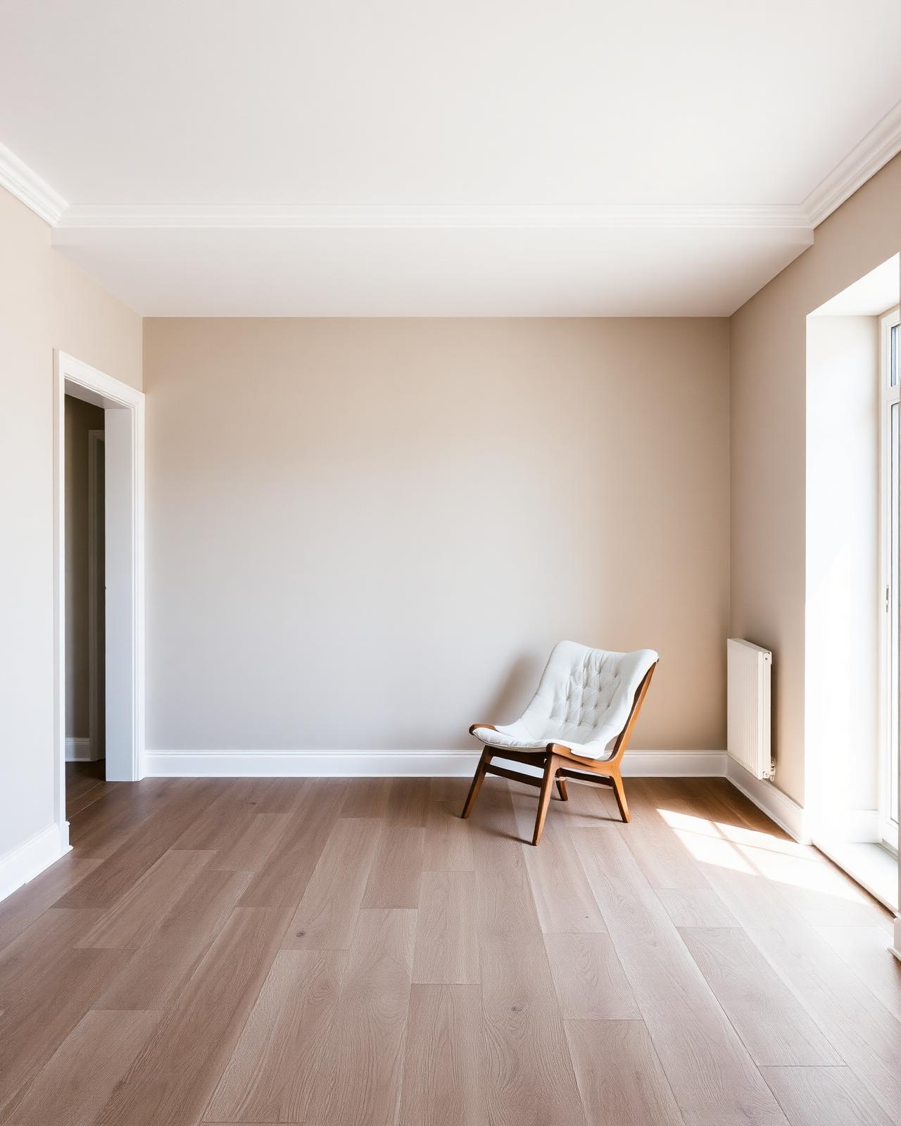 restrained Scandinavian interior, oak floor, lime-washed wall, soft side light, editorial photography
