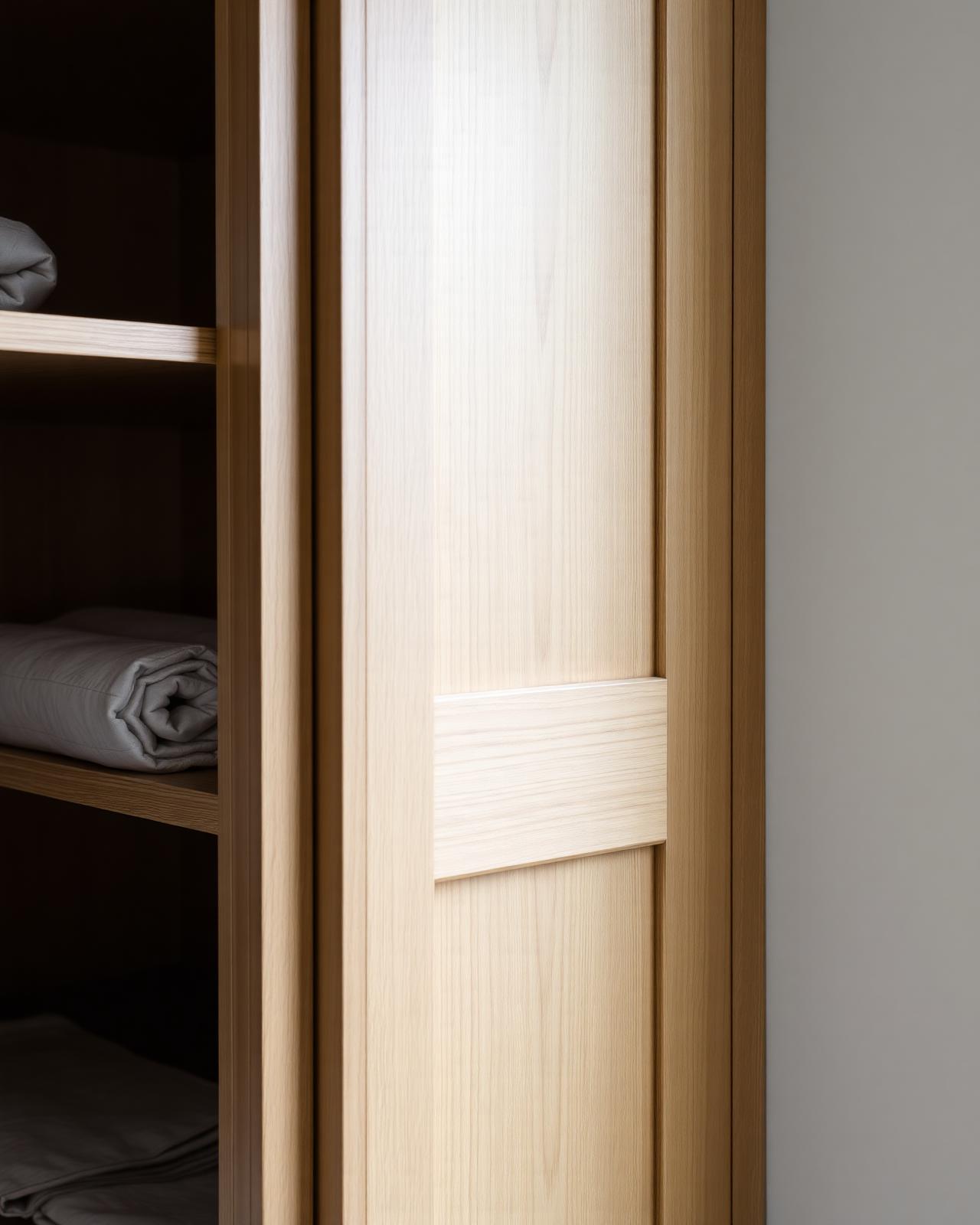 detail of built-in solid oak wardrobe, hand-finished joinery, natural light