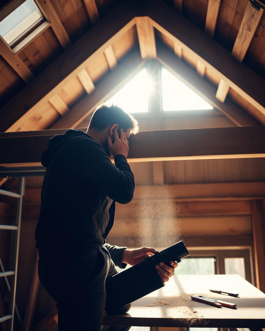carpenter at work on solid timber roof structure, soft natural light, in-progress moment with sawdust and tools