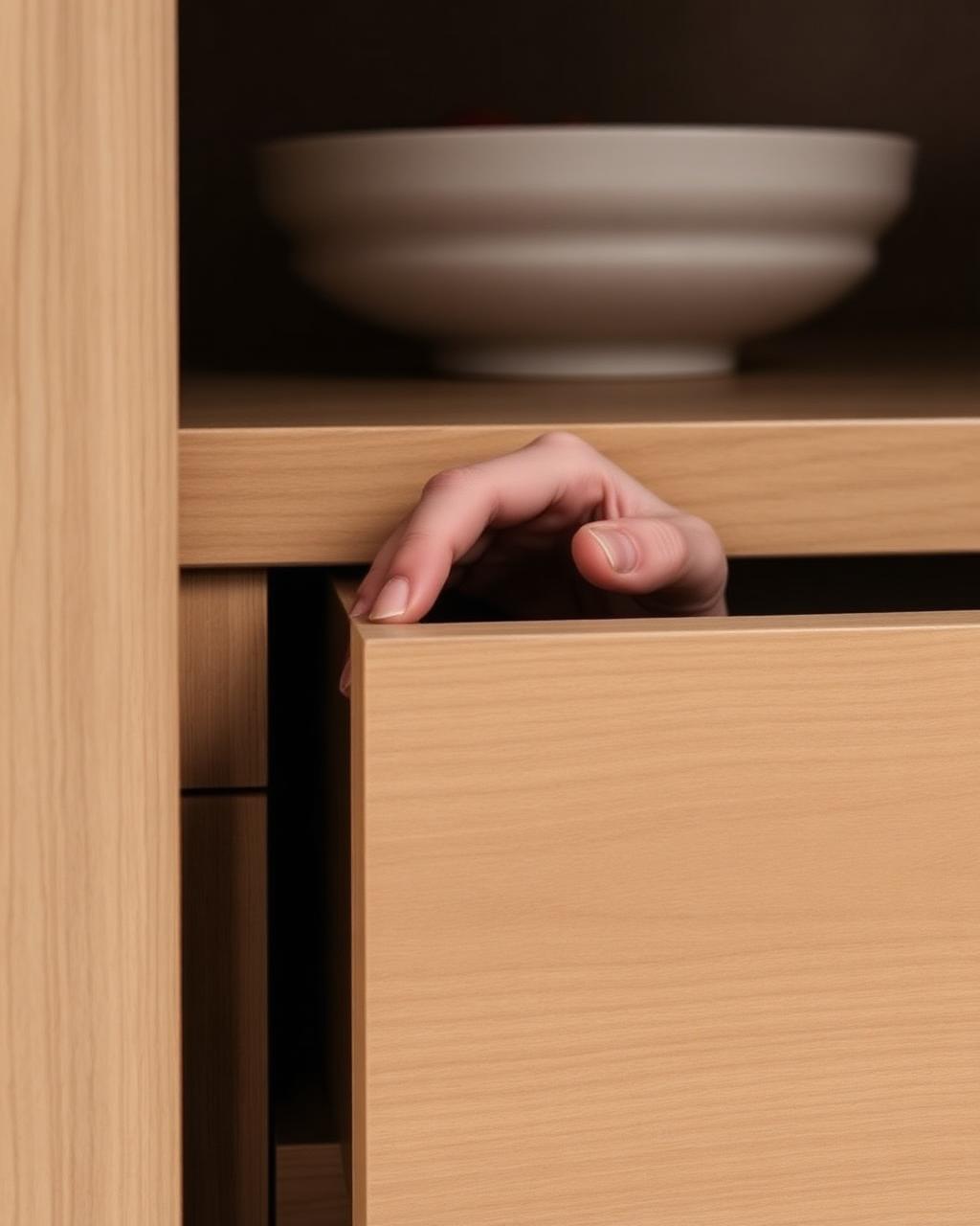 close detail of bespoke oak joinery, soap-finished wood, hand on grain, editorial photography