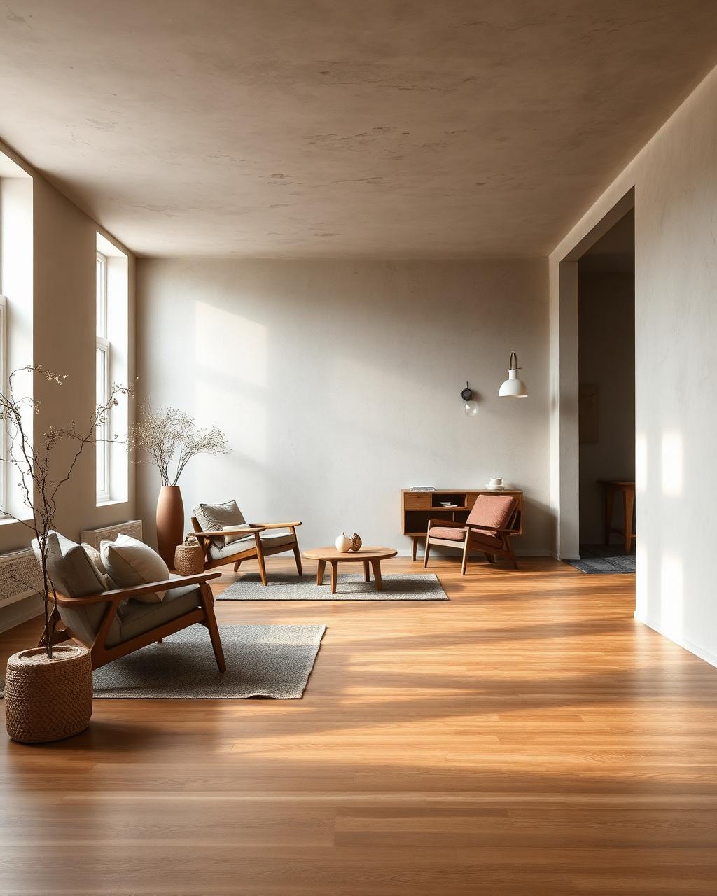 wide editorial photo of finished Scandinavian-influenced interior, oak, lime-washed wall, concrete floor